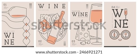 Set of modern line art magazine covers or posters with wine bottles and glasses. Restaurant menu design. Vector illustration