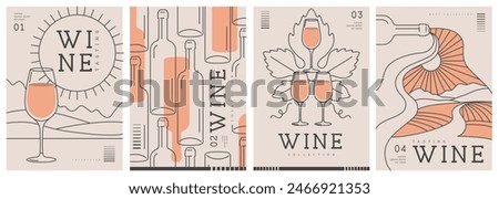 Set of modern line art magazine covers or posters with wine bottles and glasses. Restaurant menu design. Vector illustration