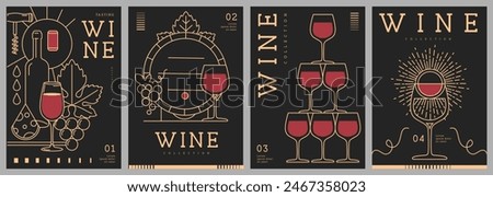 Set of modern line art magazine covers or posters with wine bottles and glasses. Restaurant menu design. Vector illustration