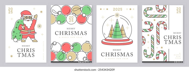 Set of modern line art Merry Christmas and Happy New Year greeting cards, covers or posters with holiday decoration. Christmas background. Vector illustration