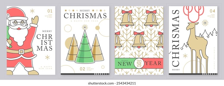 Set of modern line art Merry Christmas and Happy New Year greeting cards, covers or posters with holiday decoration. Christmas background. Vector illustration