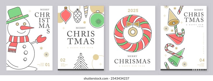 Set of modern line art Merry Christmas and Happy New Year greeting cards, covers or posters with holiday decoration. Christmas background. Vector illustration