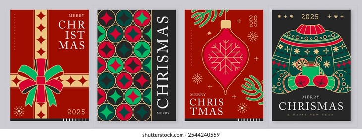 Set of modern line art Merry Christmas and Happy New Year greeting cards, covers or posters with holiday decoration. Christmas background. Vector illustration