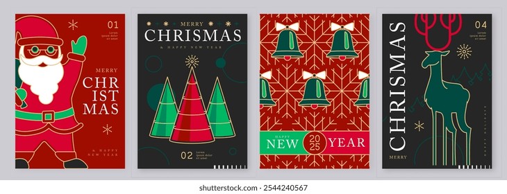 Set of modern line art Merry Christmas and Happy New Year greeting cards, covers or posters with holiday decoration. Christmas background. Vector illustration