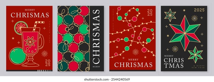 Set of modern line art Merry Christmas and Happy New Year greeting cards, covers or posters with holiday decoration. Christmas background. Vector illustration