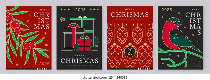 Set of modern line art Merry Christmas and Happy New Year greeting cards, covers or posters with holiday decoration. Christmas background. Vector illustration