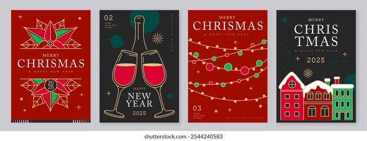 Set of modern line art Merry Christmas and Happy New Year greeting cards, covers or posters with holiday decoration. Christmas background. Vector illustration