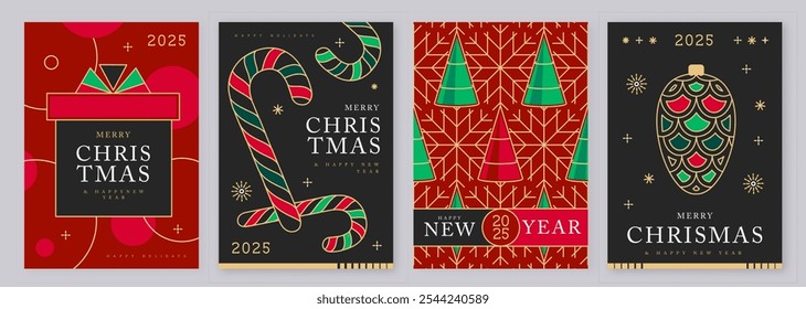 Set of modern line art Merry Christmas and Happy New Year greeting cards, covers or posters with holiday decoration. Christmas background. Vector illustration