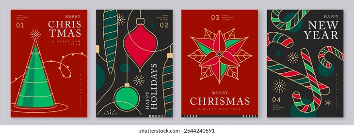 Set of modern line art Merry Christmas and Happy New Year greeting cards, covers or posters with holiday decoration. Christmas background. Vector illustration