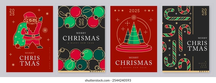 Set of modern line art Merry Christmas and Happy New Year greeting cards, covers or posters with holiday decoration. Christmas background. Vector illustration