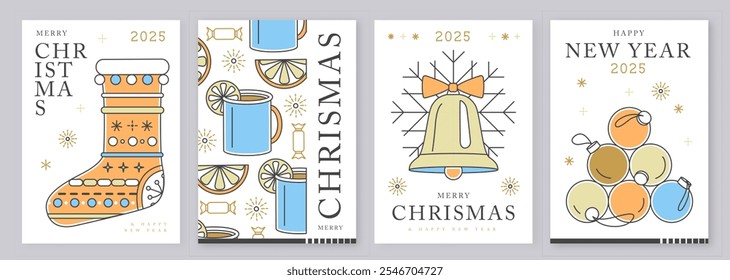 Conjunto de arte moderna linha Feliz Natal e Feliz Ano Novo cartões de saudação, capas ou cartazes com decoração de férias. Fundo de Natal. Ilustração vetorial