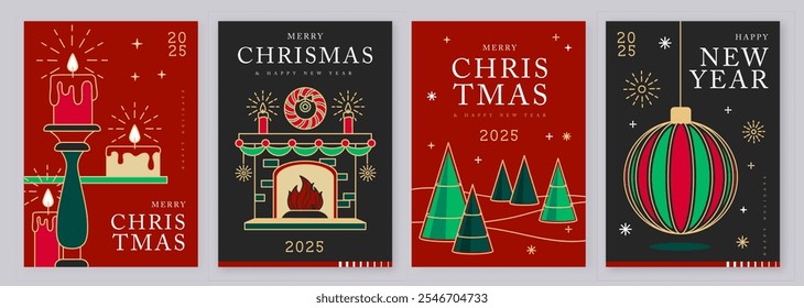 Set of modern line art Merry Christmas and Happy New Year greeting cards, covers or posters with holiday decoration. Christmas background. Vector illustration