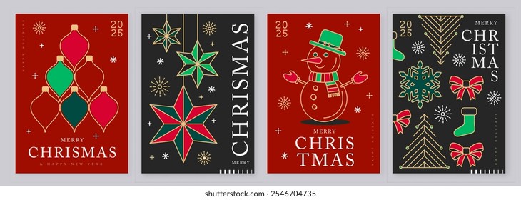 Set of modern line art Merry Christmas and Happy New Year greeting cards, covers or posters with holiday decoration. Christmas background. Vector illustration