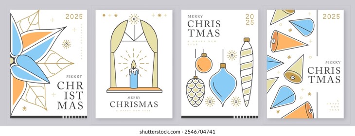 Set of modern line art Merry Christmas and Happy New Year greeting cards, covers or posters with holiday decoration. Christmas background. Vector illustration