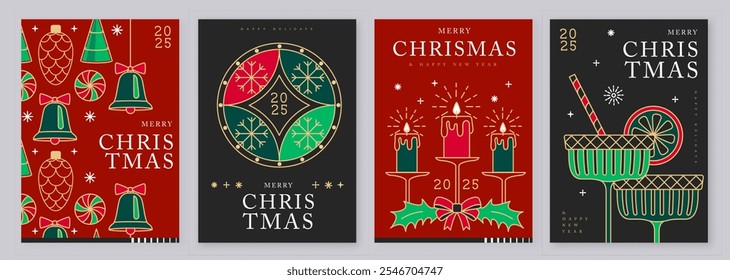 Set of modern line art Merry Christmas and Happy New Year greeting cards, covers or posters with holiday decoration. Christmas background. Vector illustration