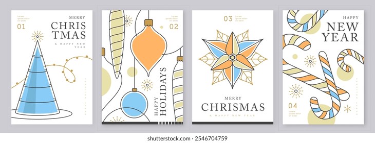 Set of modern line art Merry Christmas and Happy New Year greeting cards, covers or posters with holiday decoration. Christmas background. Vector illustration