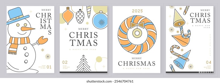 Set of modern line art Merry Christmas and Happy New Year greeting cards, covers or posters with holiday decoration. Christmas background. Vector illustration