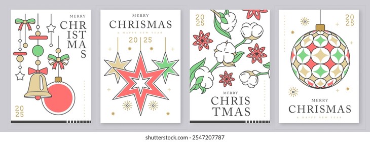 Set of modern line art Merry Christmas and Happy New Year greeting cards, covers or posters with holiday decoration. Christmas background. Vector illustration