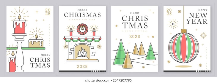 Set of modern line art Merry Christmas and Happy New Year greeting cards, covers or posters with holiday decoration. Christmas background. Vector illustration