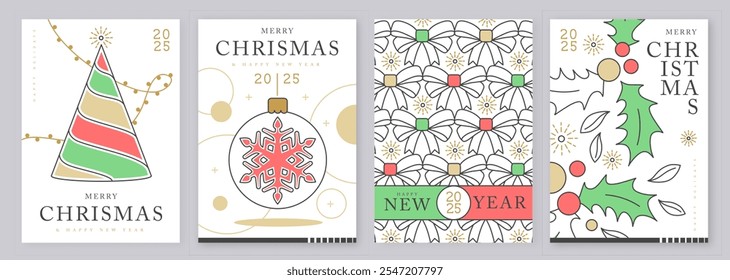 Set of modern line art Merry Christmas and Happy New Year greeting cards, covers or posters with holiday decoration. Christmas background. Vector illustration
