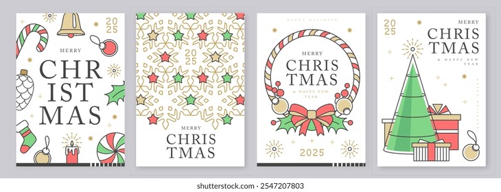 Set of modern line art Merry Christmas and Happy New Year greeting cards, covers or posters with holiday decoration. Christmas background. Vector illustration