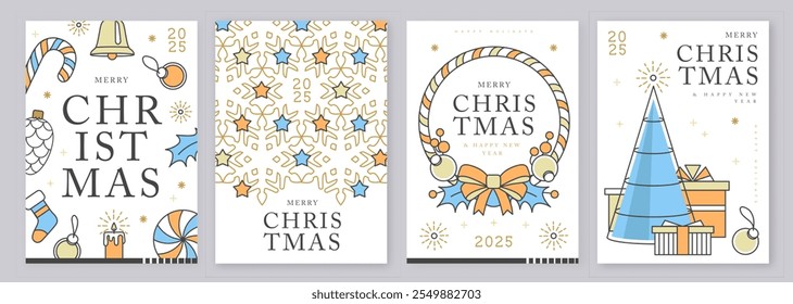 Set of modern line art Merry Christmas and Happy New Year greeting cards, covers or posters with holiday decoration. Christmas background. Vector illustration