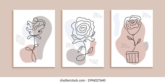 set of modern Line art rose flowers poster template. abstract decoration wall with minimalist design concept pastel colour