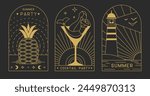 Set of modern line art summer icons with mermaid, pineapple and lighthouse. Set of summer posters. Vector illustration