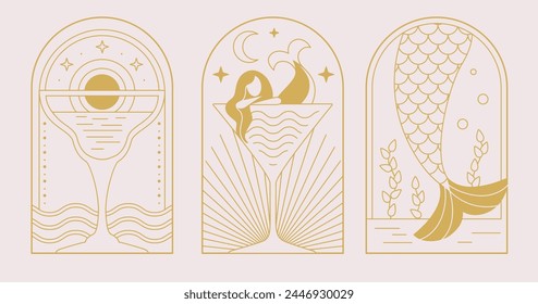 Conjunto de iconos de verano de arte moderno con sirena y cóctel. Conjunto de carteles de verano. Ilustración vectorial