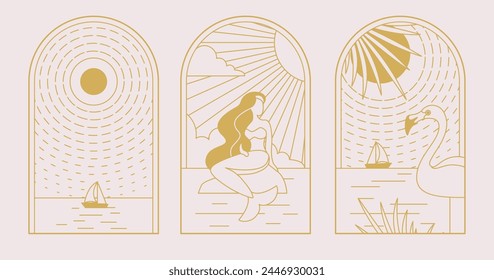 Set of modern line art summer icons with mermaid, flamingo and ship. Set of summer posters. Vector illustration