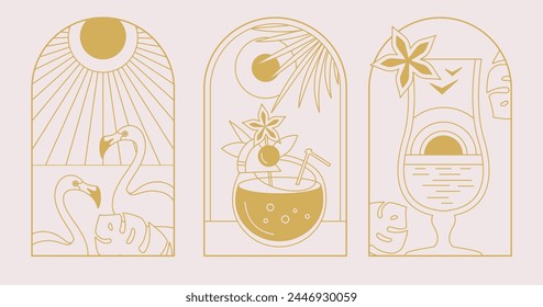 Set of modern line art summer icons with pina colada cocktail, flamingo and sun. Set of summer posters. Vector illustration