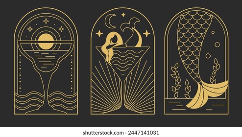 Set of modern line art summer icons with mermaid and cocktail. Set of summer posters. Vector illustration