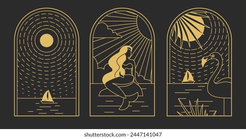 Conjunto de iconos de verano de arte moderno con sirena, flamenco y barco. Conjunto de carteles de verano. Ilustración vectorial