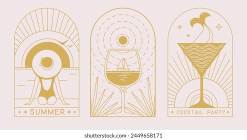 Conjunto de iconos de verano de arte moderno con sirena y cóctel. Conjunto de carteles de verano. Ilustración vectorial