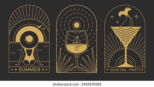 Set of modern line art summer icons with mermaid and cocktail. Set of summer posters. Vector illustration