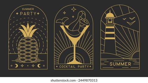 Set of modern line art summer icons with mermaid, pineapple and lighthouse. Set of summer posters. Vector illustration