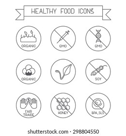 Set of modern line design icons. Use it for marking packs of healthy food free of gluten, sugar, gmo, milk, trans fat,eggs,nuts,soy, honey, bpa, sls. Vegan, fair traide, organic marking.