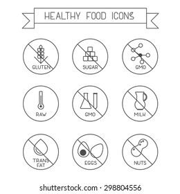 Set of modern line design icons. Use it for marking packs of healthy food free of gluten, sugar, gmo, milk, trans fat,eggs,nuts,soy, honey, bpa, sls. Vegan, fair traide, organic marking.