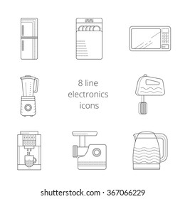 Set of modern line icons flat kitchen electronics, home appliances, household consumer electronics: kettle, dishwasher, microwave, refrigerator, blender, mixer, coffee machine, grinder