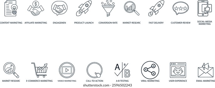 A set of modern line icons related to digital marketing strategies, including content marketing, social media, SEO, email marketing, affiliate marketing, conversion rate, and more.