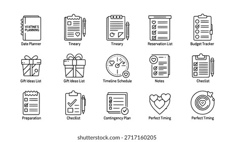 Un conjunto de iconos de línea modernos que representan la planificación del Día de San Valentín. Incluye símbolos para un planificador de fechas, un rastreador de presupuesto, ideas de regalos, listas de verificación y horarios, todo en un estilo limpio y minimalista.