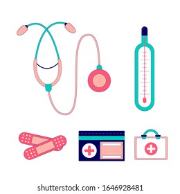 Set von modernen linearen medizinischen Gegenständen, Symbolen für Design. Bilder von einem Stethoskop, medizinischem Thermometer, Kleberputz, medizinischem Material, Erste-Hilfe-Kit oder Arztbeutel im gleichen Stil.