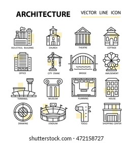 Set of modern linear icons with architecture elements. Vector illustration for design.