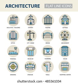 Set of modern linear icons with architecture elements. Vector colored logos for design.