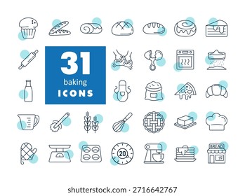 A set of modern linear icons for baking and pastry. Outline style with subtle filled details. Includes bread, croissant, wheat, oven mitt, and more. Perfect for web, apps, and branding.

