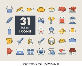 A set of modern linear icons for baking and pastry. Outline style with subtle filled details. Includes bread, croissant, wheat, oven mitt, and more. Perfect for web, apps, and branding.

