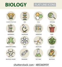 Set of modern linear icons with biology elements. Vector colored logos for science and education.