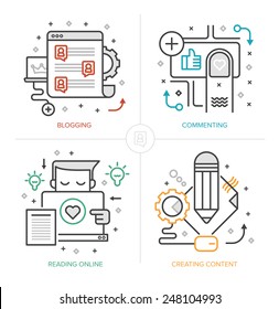 Set of modern linear icons of blogging, creating and publishing content, commenting and interacting with readers online, generating leads. Flat design vector concepts isolated on white background