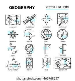 Set of modern linear icons with geography elements. Vector illustration for design.