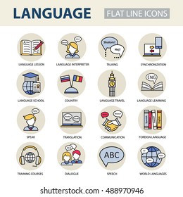 Set Modern Linear Icons On The Topic Of Learning A Foreign Language. Vector Color Logos For Schools, Colleges And Universities.